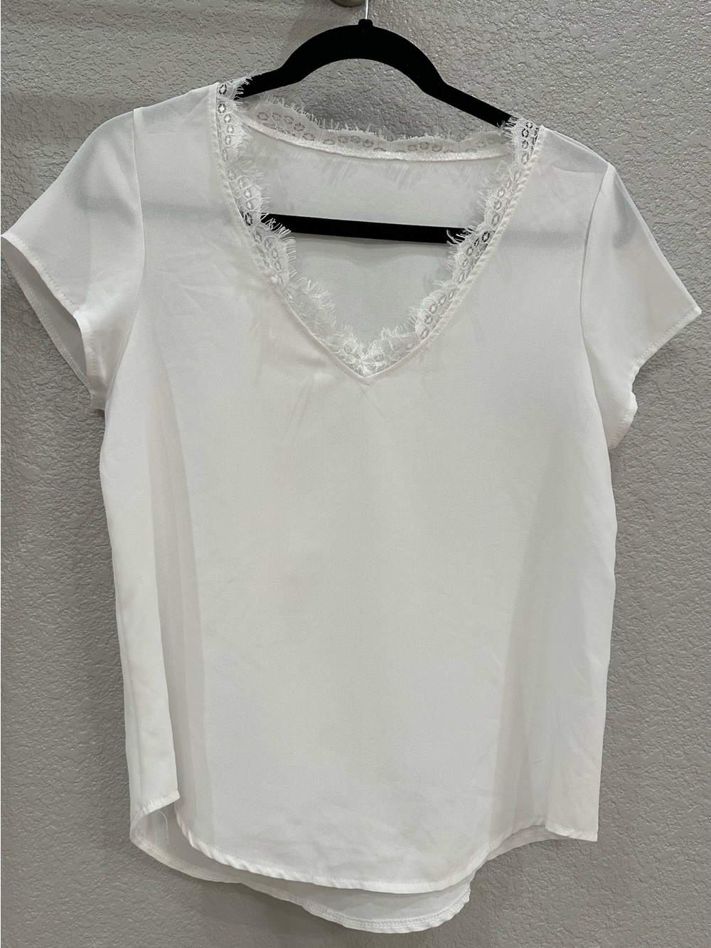 White Blouse with Lace Fringe Trim Neckline, Womens Size Small, Work, Casual